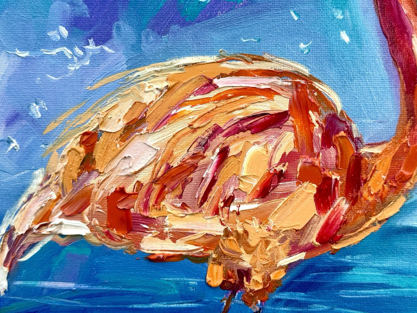 Oil painting ORIGINAL art Flamingo couple Bird Ocean Seascape Signed 16x20"