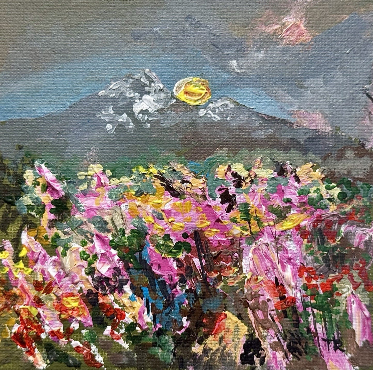 Wildflower field Original art Landscape Mountain NH floral Acrylic Painting 4x4”