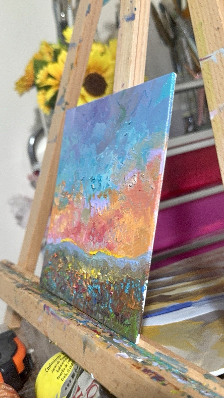 Oil painting ORIGINAL art Landscape sunset Sky Cloud wildflower field Floral 6x6