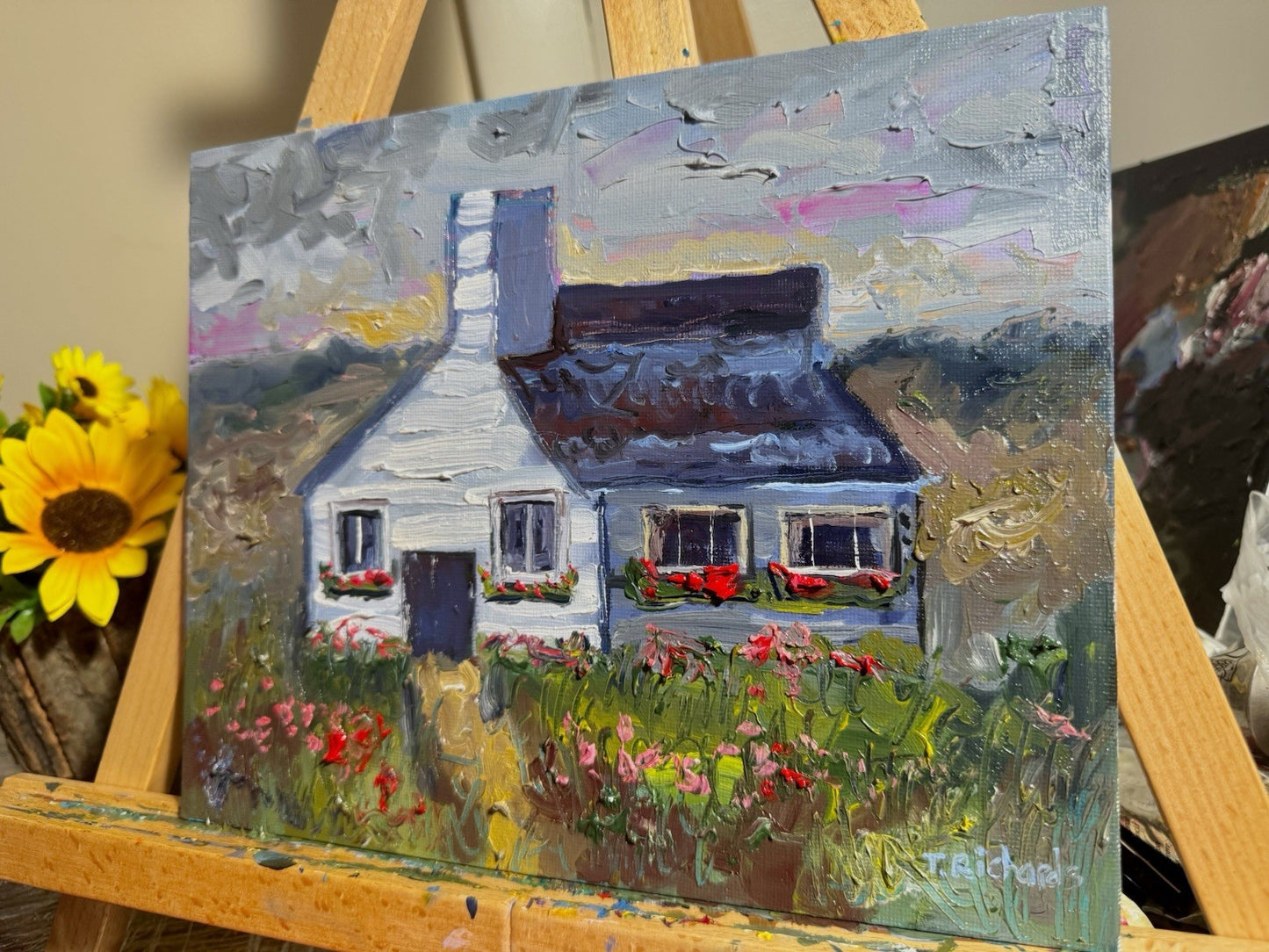 Farmhouse Oil painting ORIGINAL art Cottage House Flower Garden landscape 8x10