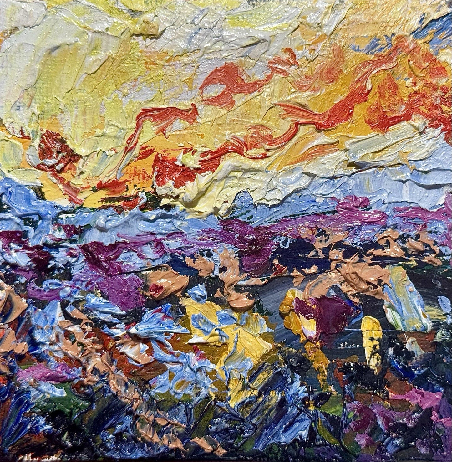 Oil painting ORIGINAL art Abstract Sunrise Wildflower Field Landscape Signed 4x4