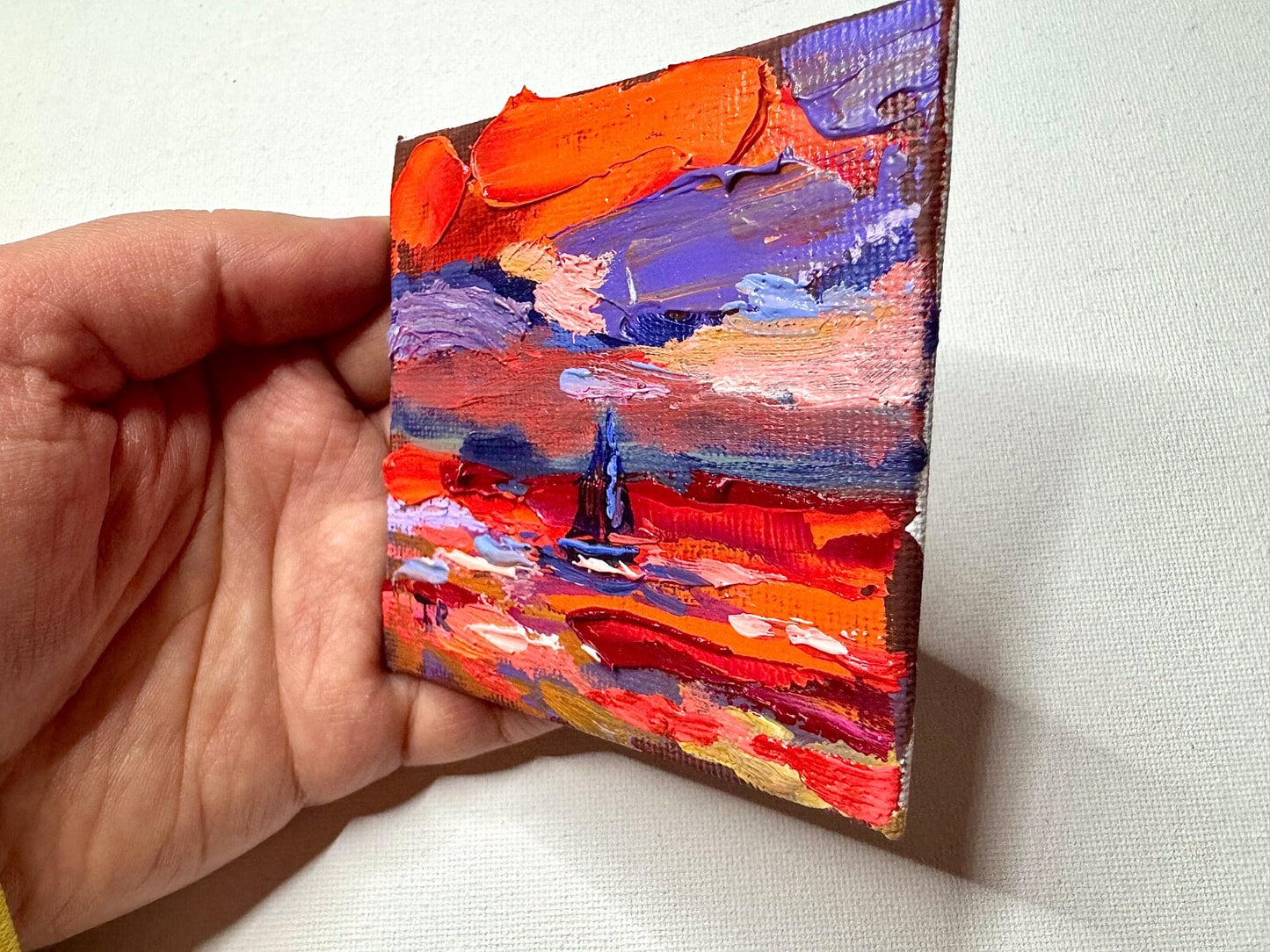 ORIGINAL oil painting Ocean sailboat River boat Sunset red seascape mini art 3x3