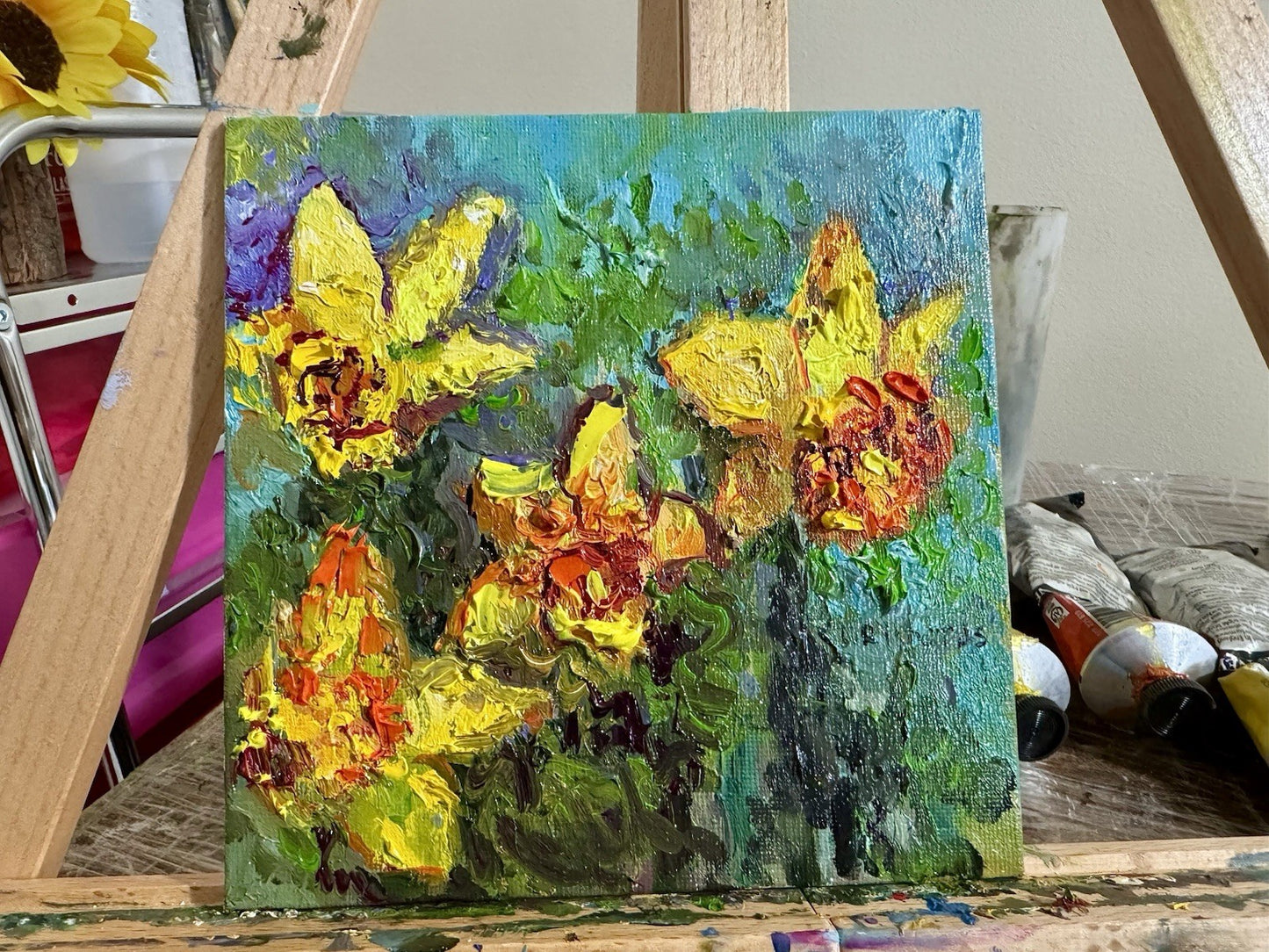 Oil painting ORIGINAL art Yellow Daffodil Flower Floral Nature Still Life 6x6”