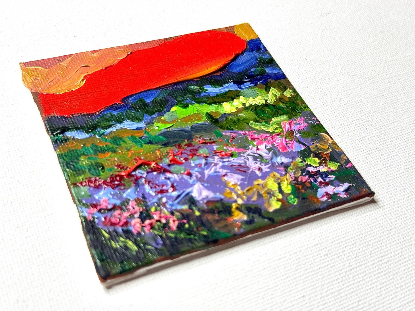 ORIGINAL oil painting Landscape artwork Meadow flower field lupine Sunset 3x3”