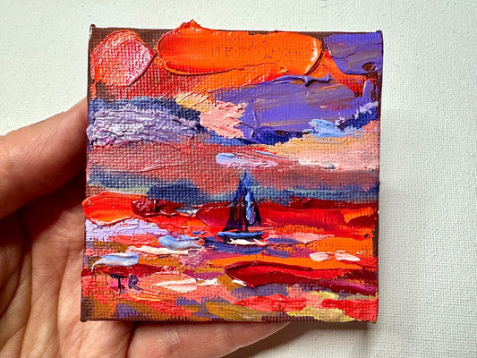 ORIGINAL oil painting Ocean sailboat River boat Sunset red seascape mini art 3x3