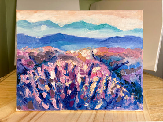 Oil painting ORIGINAL art Lavender field artwork Landscape flowers mountain 8x10
