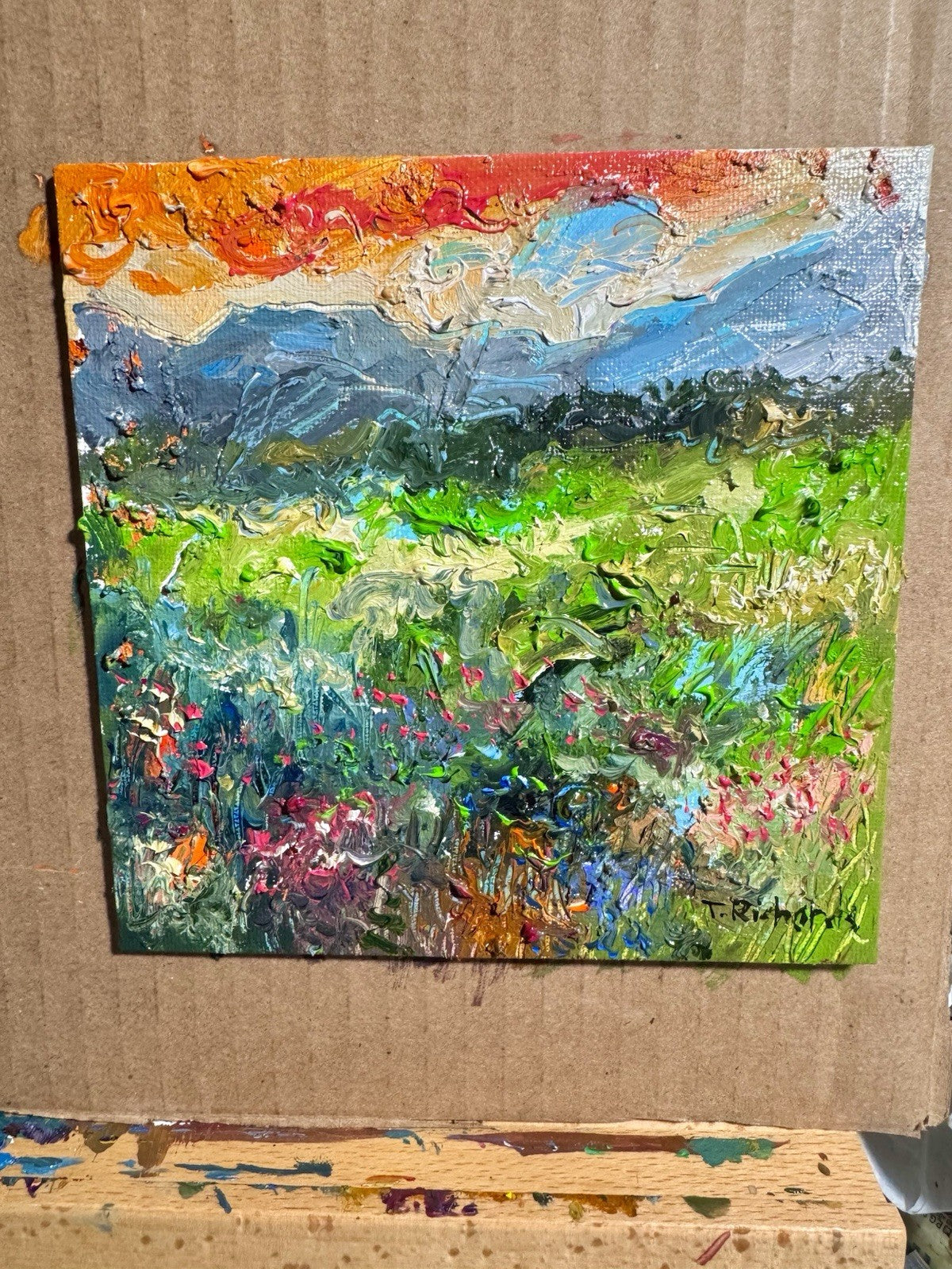 Oil painting ORIGINAL art Landscape sunset Mountain wildflower field Floral 6x6”
