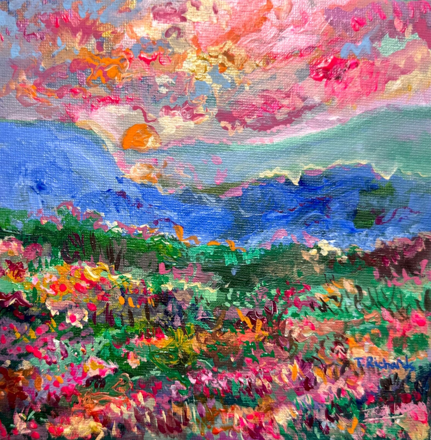 Acrylic painting ORIGINAL art Landscape sunset Mountain wildflower field 6x6