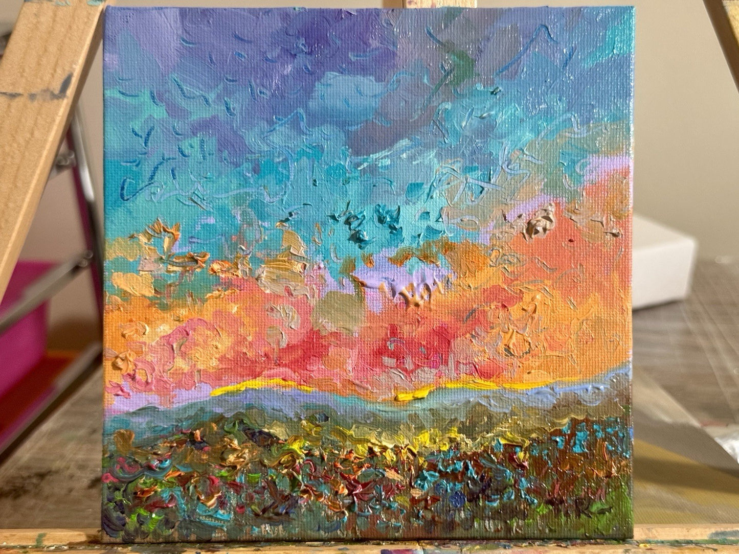 Oil painting ORIGINAL art Landscape sunset Sky Cloud wildflower field Floral 6x6