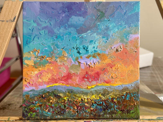 Oil painting ORIGINAL art Landscape sunset Sky Cloud wildflower field Floral 6x6