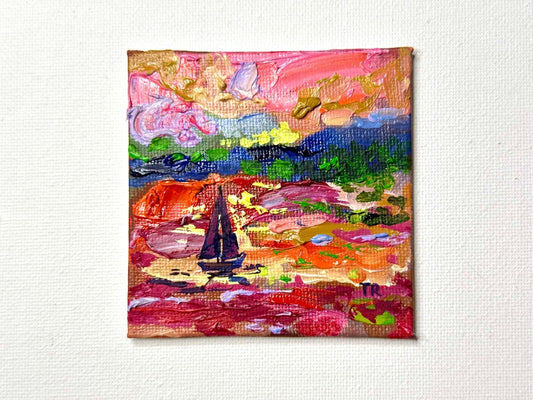 ORIGINAL oil painting Ocean sailboat River boat Sunset seascape mini art 3x3”