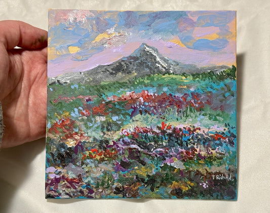 Acrylic painting ORIGINAL art Landscape sunset Mountain wildflower field 6x6
