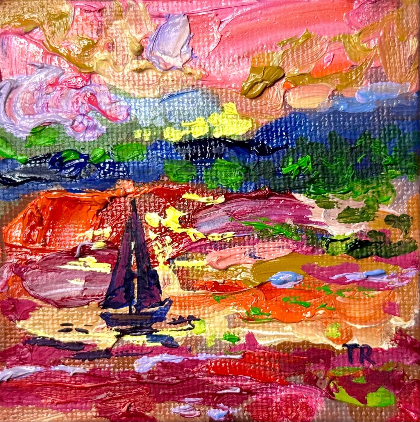 ORIGINAL oil painting Ocean sailboat River boat Sunset seascape mini art 3x3”