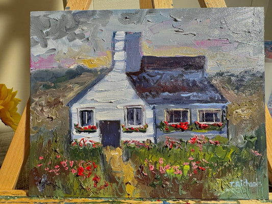 Farmhouse Oil painting ORIGINAL art Cottage House Flower Garden landscape 8x10