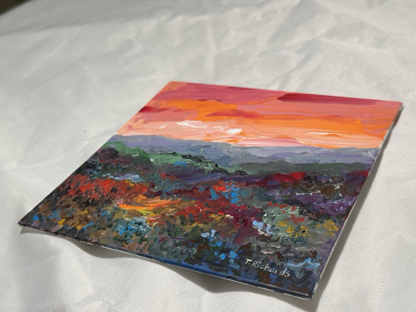 Acrylic painting ORIGINAL art Landscape sunset Mountain wildflower field 6x6
