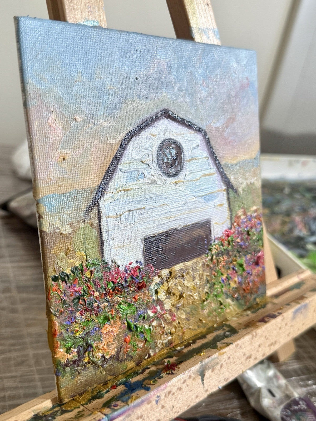 Farmhouse Oil painting ORIGINAL art Cottage House Flower Garden landscape 6x6