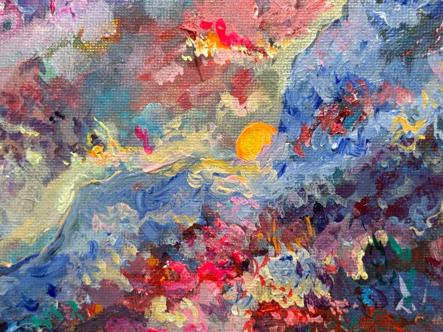 Acrylic painting ORIGINAL art Landscape Sunrise wildflower field Mountain 8x8”