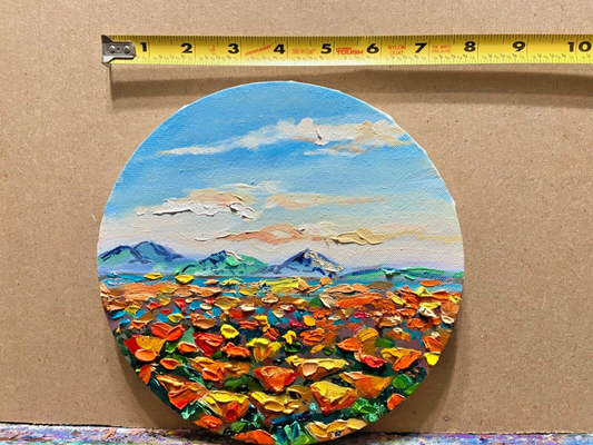 Oil painting ORIGINAL art California poppy field artwork Landscape flowers 8x8"