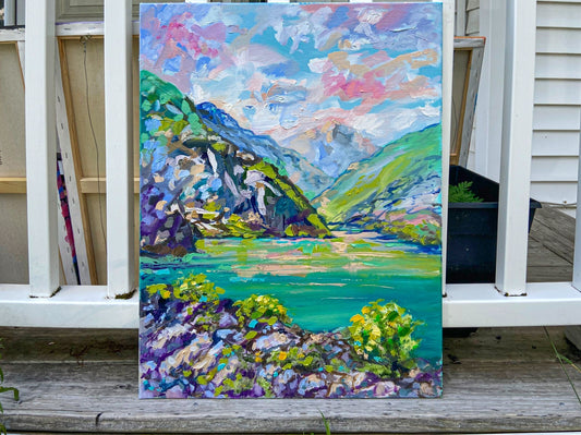 Original art oil painting Landscape mountain artwork Lake wall art 18x24"