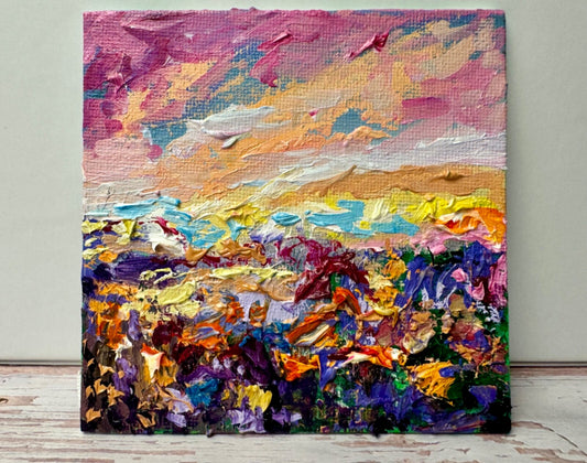 Oil Painting Wildflower landscape Original art Flower floral art Mini easel 4x4”