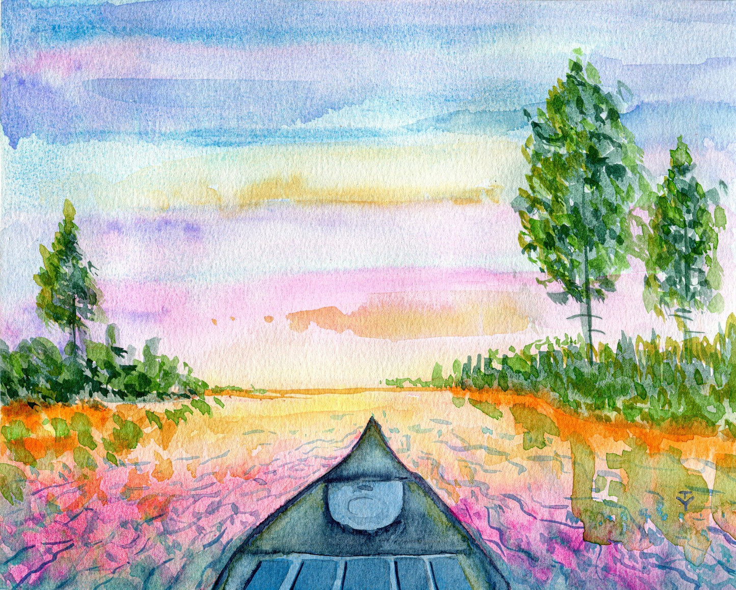 Watercolor painting ORIGINAL art Boat Canoe on river lake seascape Forest 8x10