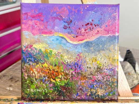 Wildflowers Oil painting ORIGINAL art Mountain Sunset floral field Landscape 6x6