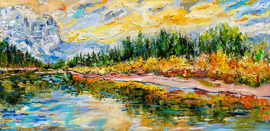 Oil painting Original art Canada Landscape Maligne Lake Mountain Forest 15x30”