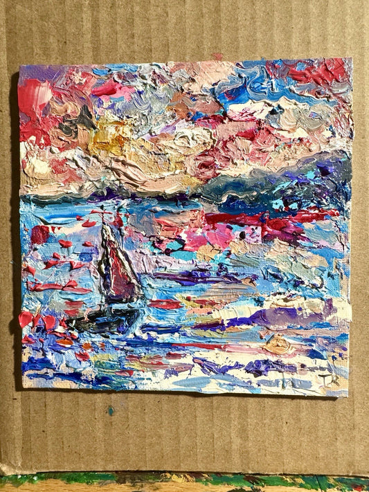 Sailboat Oil painting ORIGINAL art Seascape Ocean artwork small Boat Signed 6x6"