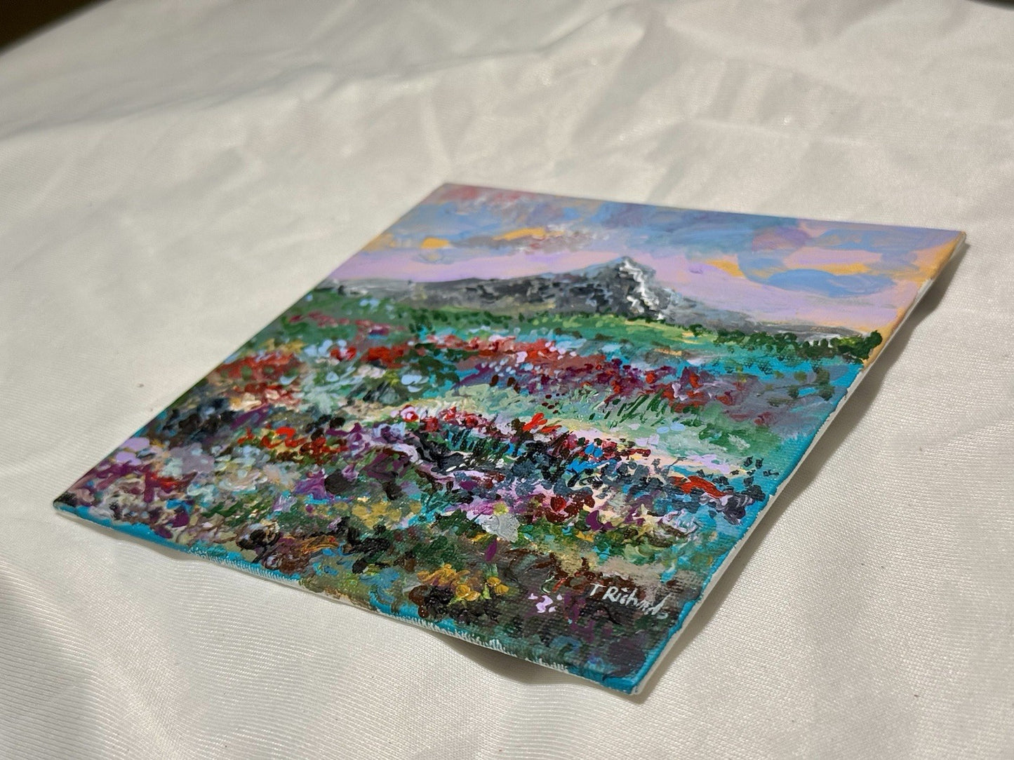 Acrylic painting ORIGINAL art Landscape sunset Mountain wildflower field 6x6