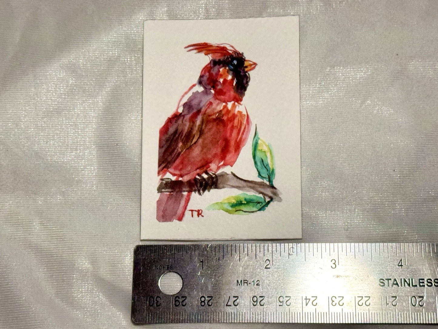ACEO Watercolor Red Cardinal Bird ORIGINAL Art ATC Painting Miniature 2.5x3.5"