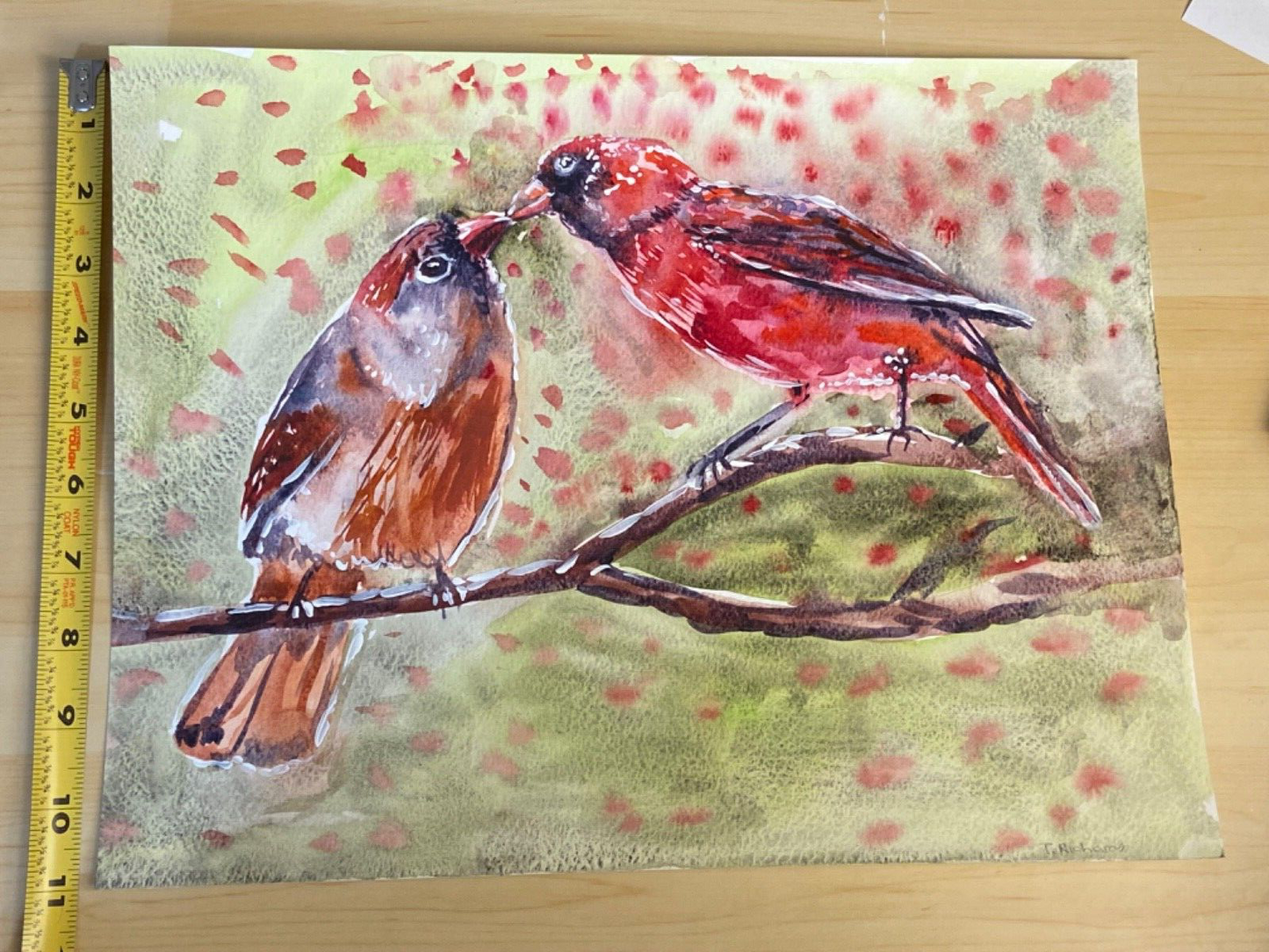 Watercolor painting ORIGINAL art Red Northern cardinal couple bird 11x14"
