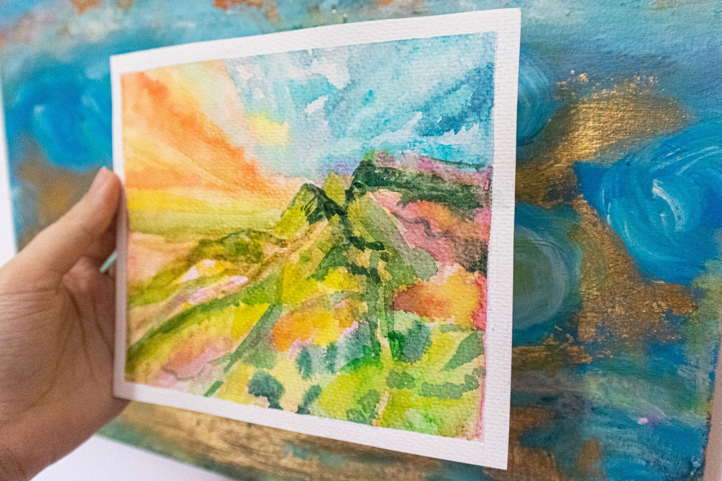 Watercolor painting ORIGINAL Art Landscape field sky mountain 6x7"