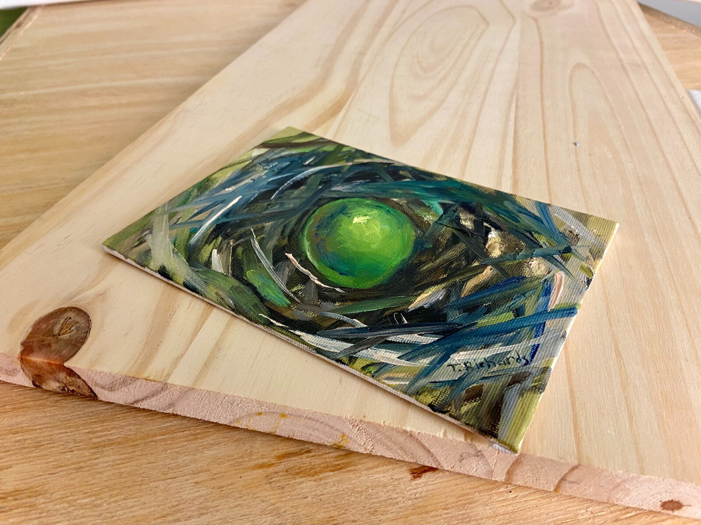 Green egg oil painting on canvas panel ORIGINAL art Easter egg artwork 5x7"