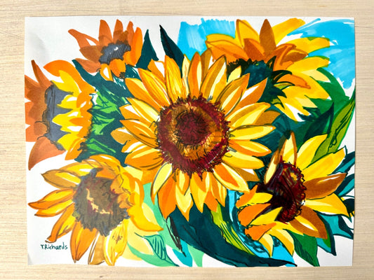 Sunflowers painting ORIGINAL art Flower floral Markers on thin paper signed 8x10