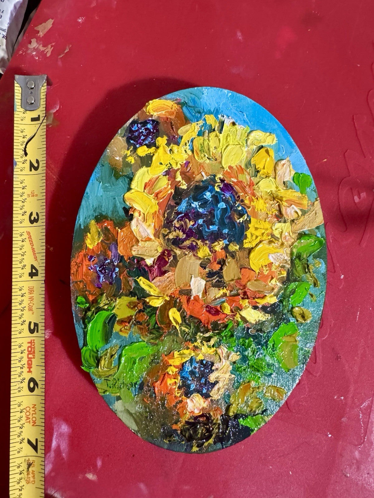 ORIGINAL Art oil painting Sunflower Flower Wall Art floral Oval Canvas 5x7"
