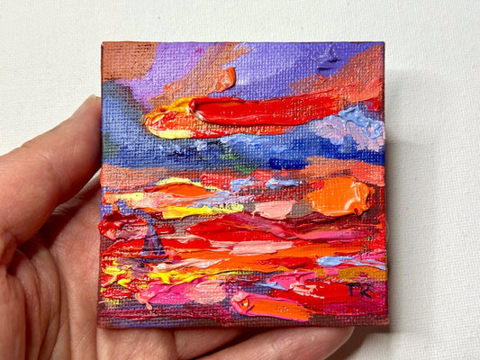 ORIGINAL oil painting Ocean sailboat River boat Sunset red seascape mini art 3x3