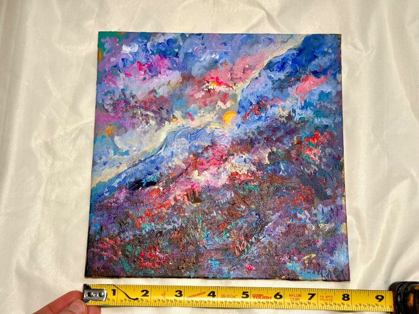 Acrylic painting ORIGINAL art Landscape Sunrise wildflower field Mountain 8x8”