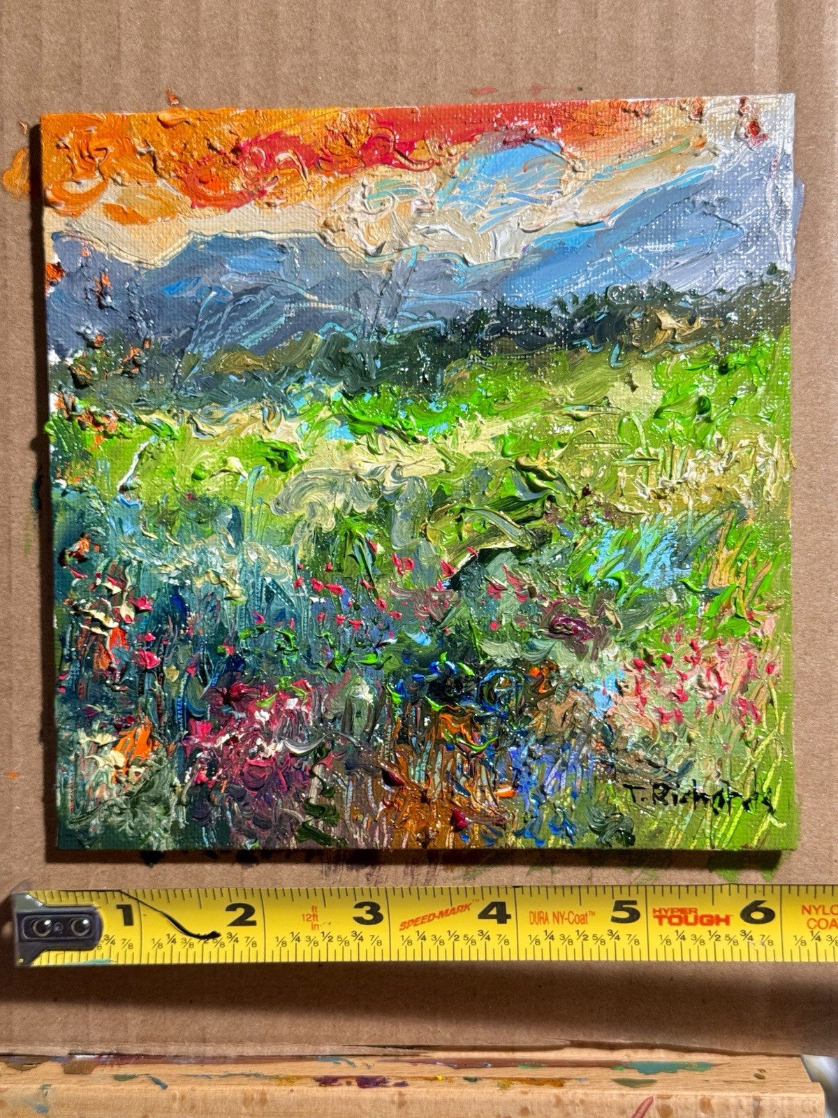 Oil painting ORIGINAL art Landscape sunset Mountain wildflower field Floral 6x6”