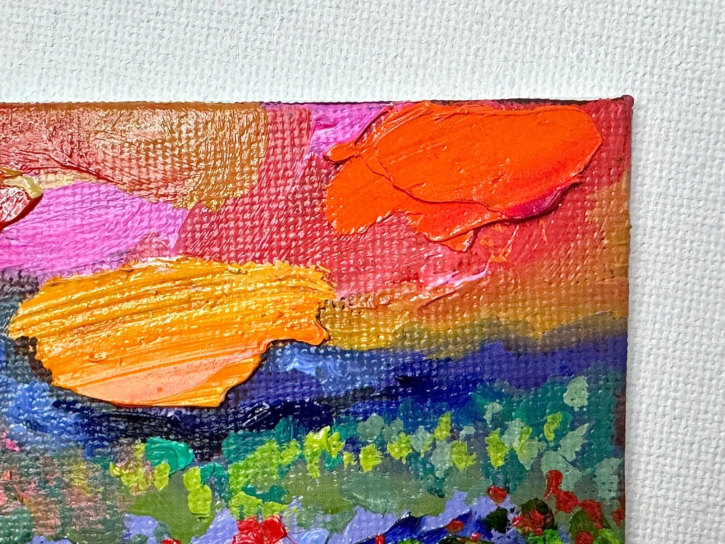 ORIGINAL oil painting Landscape artwork Meadow field wildflower Sunset art 3x3”