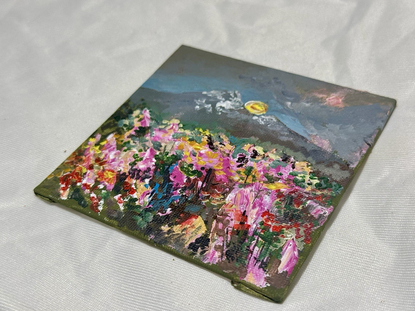 Wildflower field Original art Landscape Mountain NH floral Acrylic Painting 4x4”