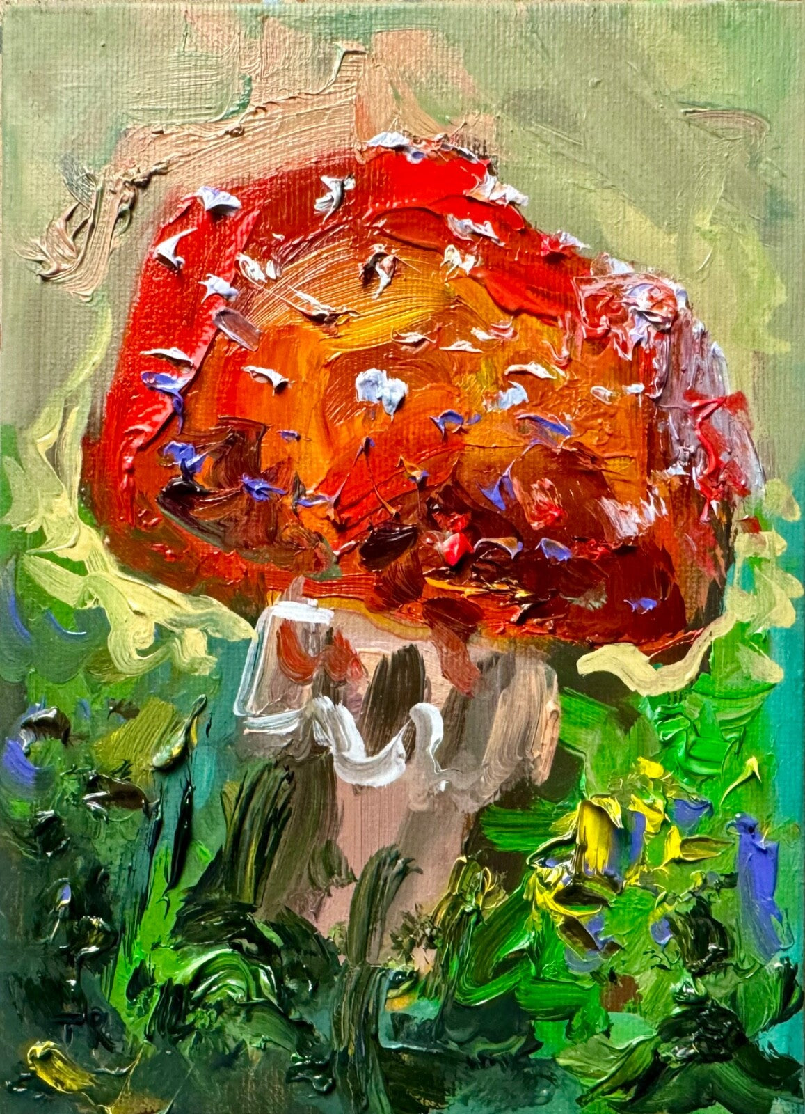 Red mushroom Oil painting ORIGINAL art Fly agaric Amanita forest artwork 5x7