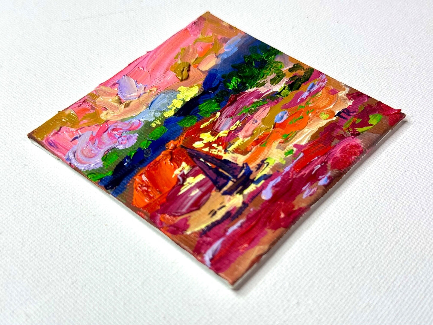 ORIGINAL oil painting Ocean sailboat River boat Sunset seascape mini art 3x3”