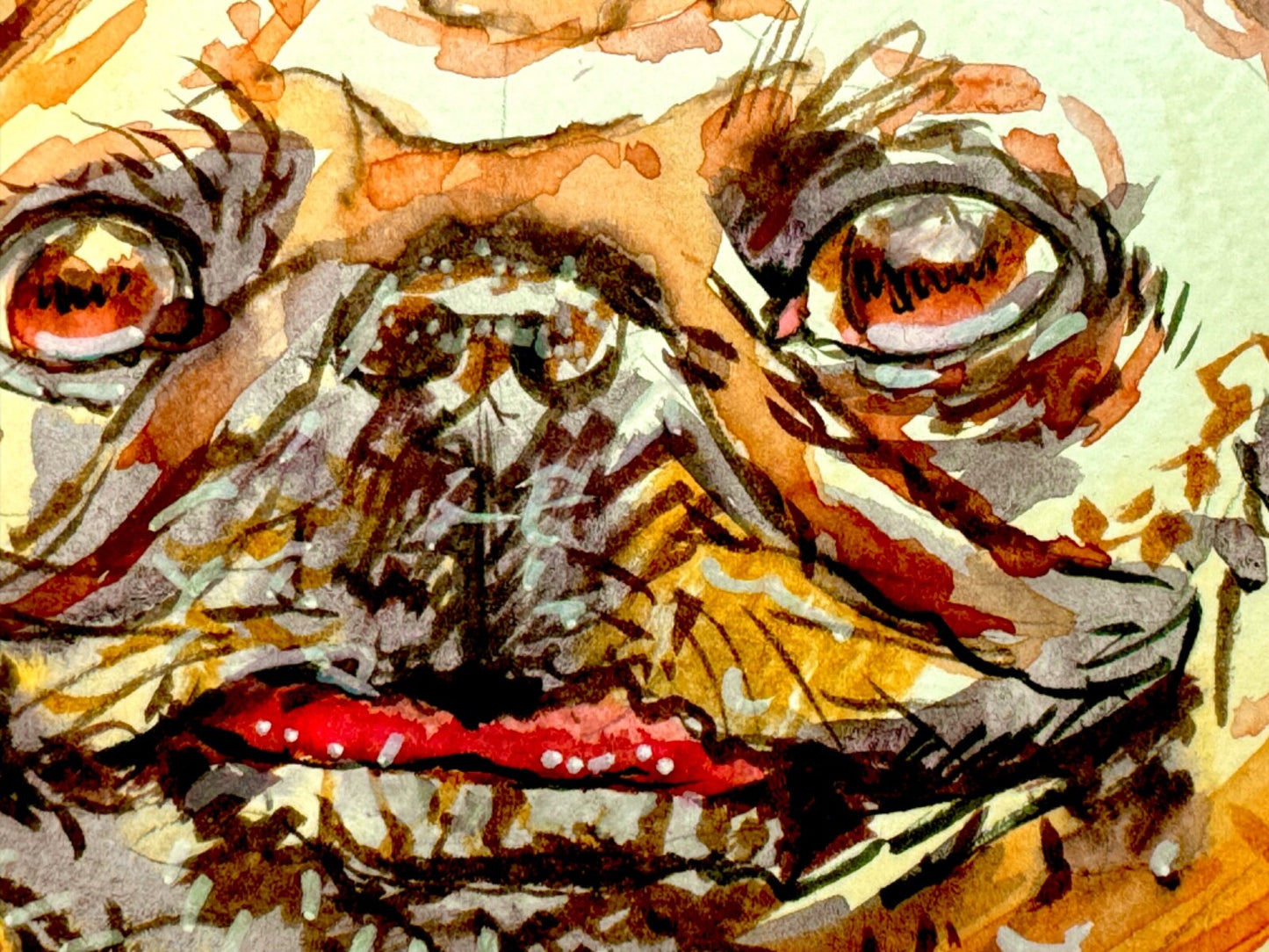 ORIGINAL Art WATERCOLOR Painting Pug happy dog Pet animal portrait Artwork 5x7"
