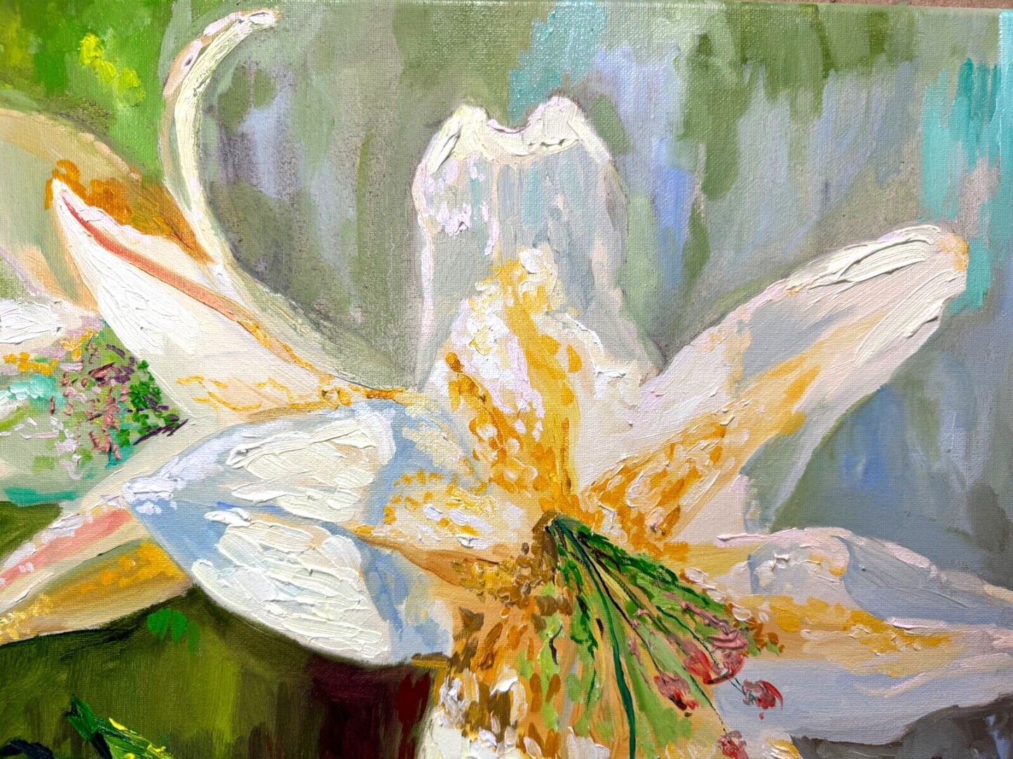 ORIGINAL oil painting White lily Flower wall art Lilies floral artwork 20x20"