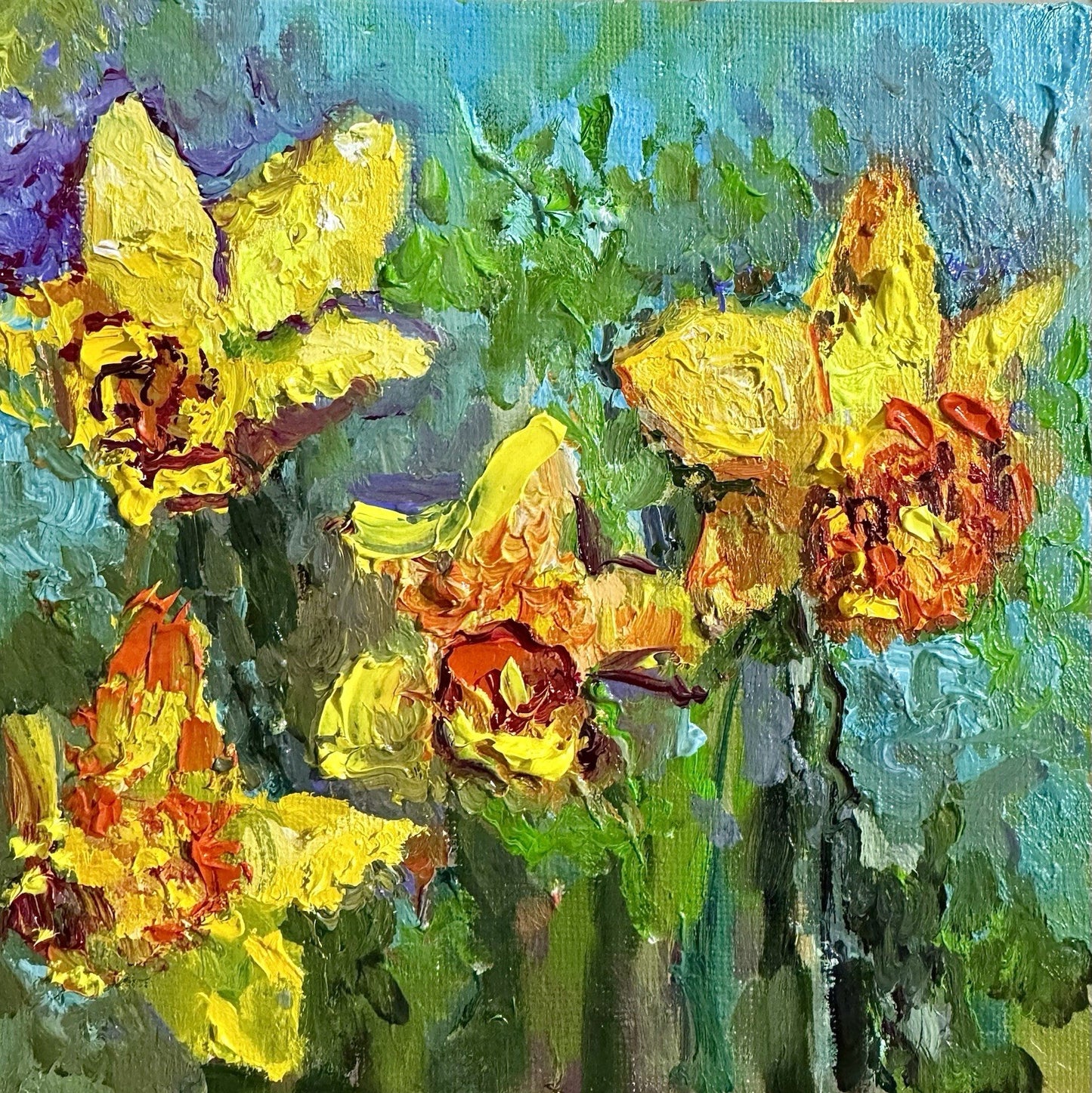 Oil painting ORIGINAL art Yellow Daffodil Flower Floral Nature Still Life 6x6”