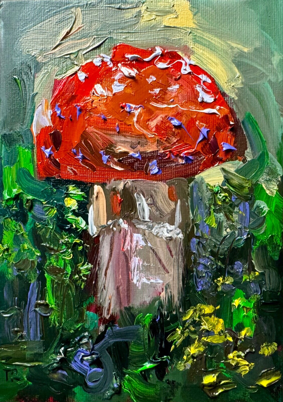Red mushroom Oil painting ORIGINAL art Fly agaric Amanita forest artwork 5x7