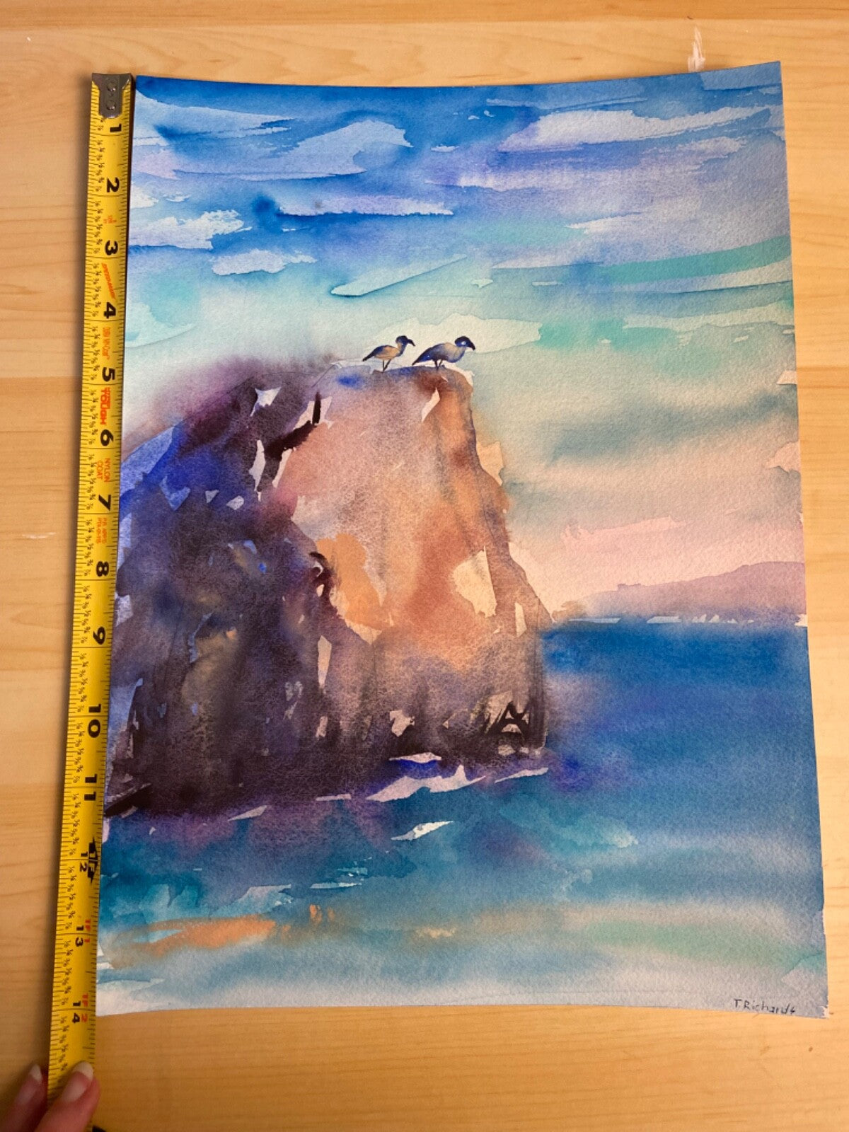 Watercolor painting ORIGINAL art Ocean cliff mountain landscape seascape 10x14"