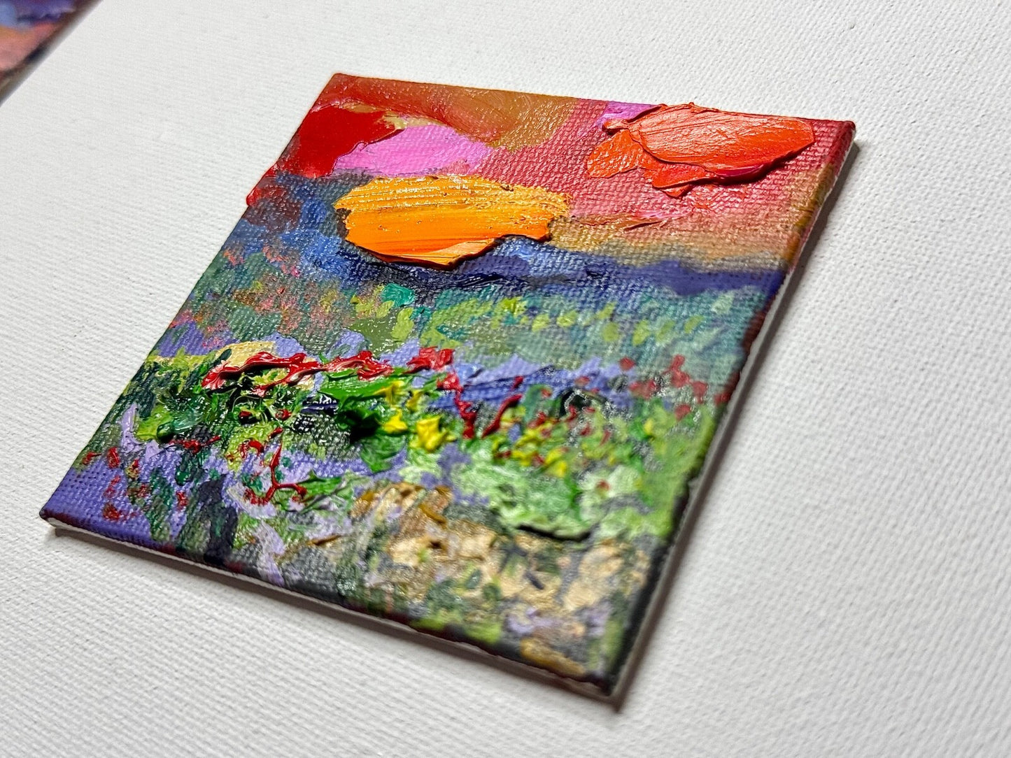 ORIGINAL oil painting Landscape artwork Meadow field wildflower Sunset art 3x3”