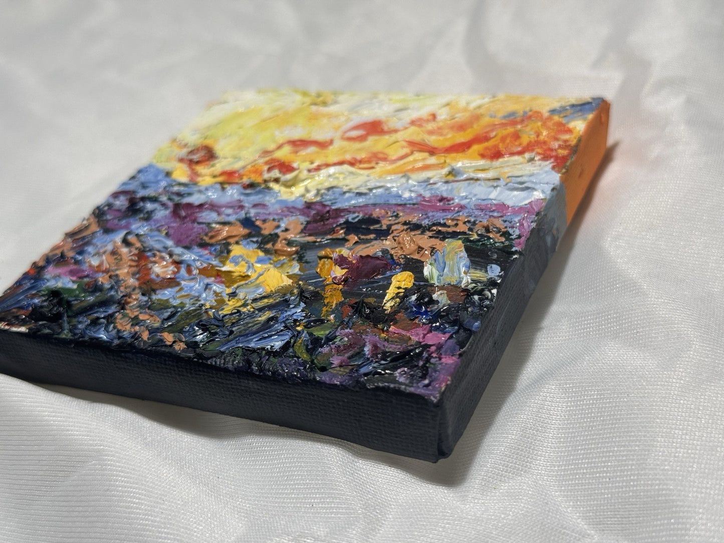 Oil painting ORIGINAL art Abstract Sunrise Wildflower Field Landscape Signed 4x4