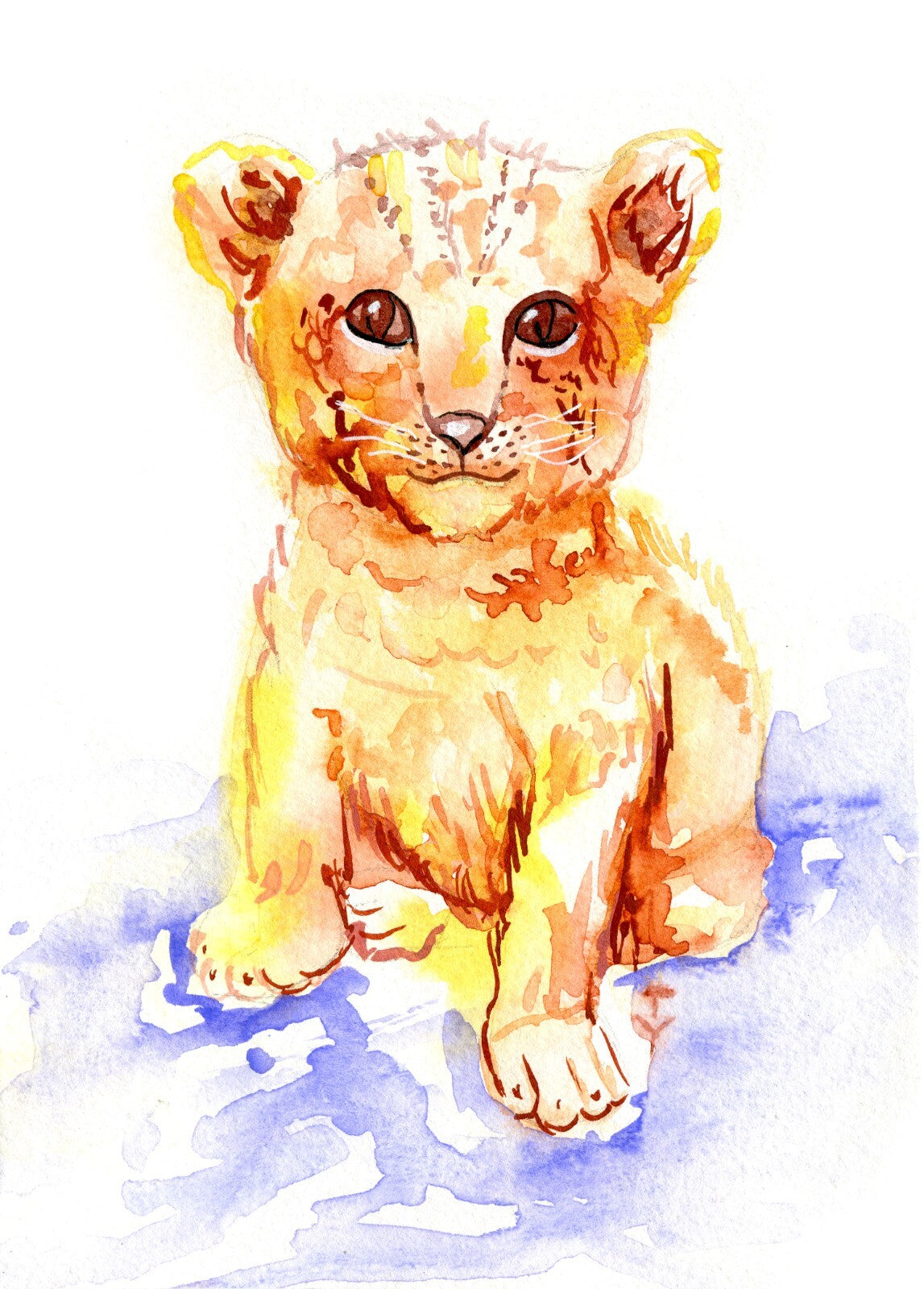 Lion painting ORIGINAL art Small cub WATERCOLOR Animal wall art 5x7"